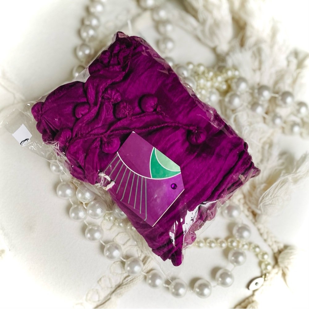 EILEEN FISHER | OS | Silk Magenta Tassle Pom Pom Triangle Fringe Scarf NWOT